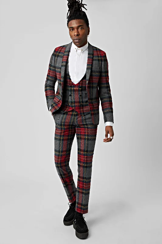 Men's tailored tuxedo jacket for wedding evening reception -Cardosi Skinny Fit Red Tartan Wool Suit