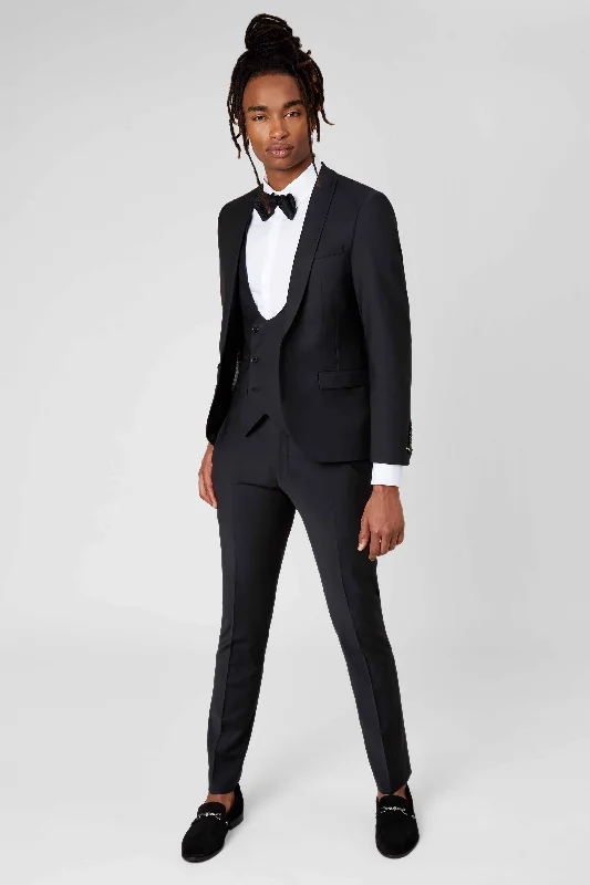 Men's tailored tuxedo for black tie business event -Ellroy Skinny Fit Black Wool Suit