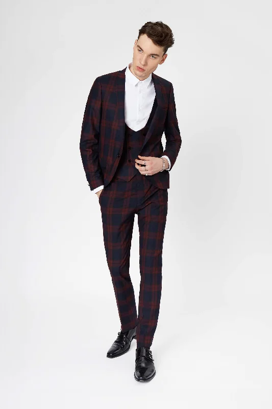 Men's modern tuxedo jacket for formal office dinner -Ginger Skinny Fit Burgundy Tartan Suit