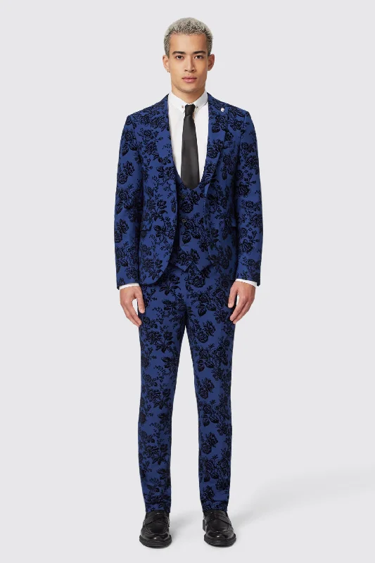 Men's premium tuxedo jacket for formal wedding event -Jackalope Blue Suit with Floral Flocking