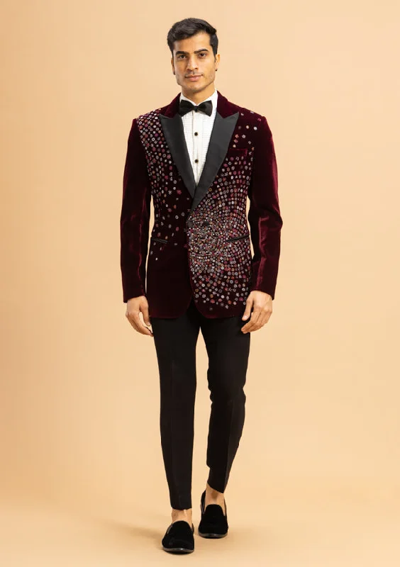 Men's luxury tuxedo jacket with satin collar for office event -Wine Velvet Suit Fabric With Cut Dana Moti Work