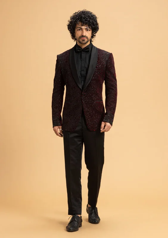 Men's premium tuxedo with satin lapels for business event -Wine Bumario Suit With Cut Dana Work