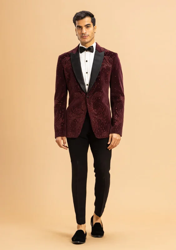 Men's designer tuxedo jacket for wedding reception -Wine Suede Suit With Swarovski And Pearl Work